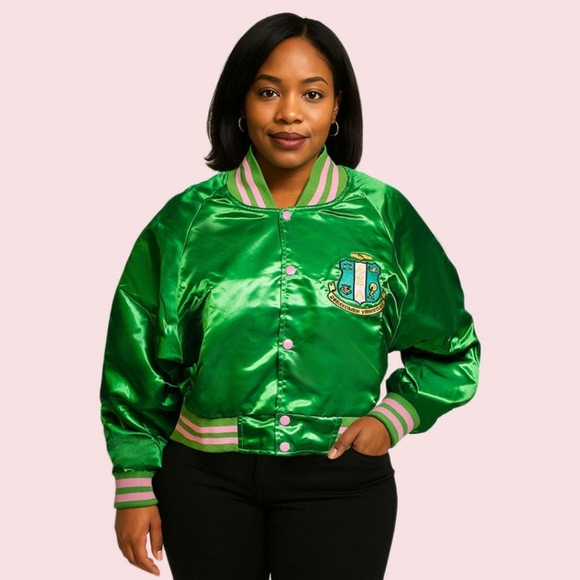 Jackets & Blazers - AKA MEDIUM Greek Apparel Cropped Satin Varsity Jacket